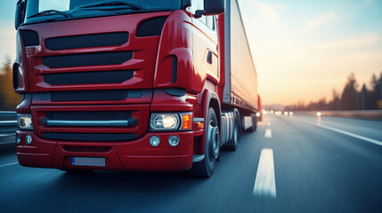 Naklejka premium Powerful Red Truck Driving on Highway at Sunset – Logistics and Transportation Concept