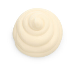 Sample of delicious mayonnaise isolated on white, top view