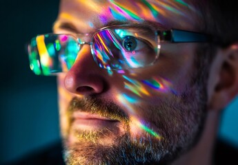 Bearded man sporting glasses, face dramatically lit by vivid color projections, generating innovative visual aesthetic with modern technological ambiance