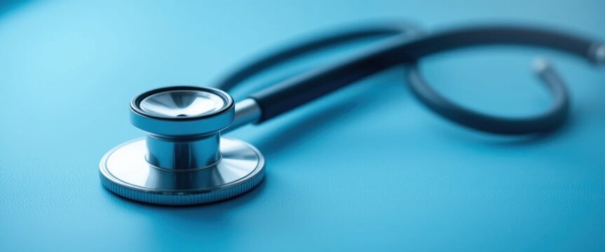 Sleek chrome stethoscope on a crisp azure background for medical use