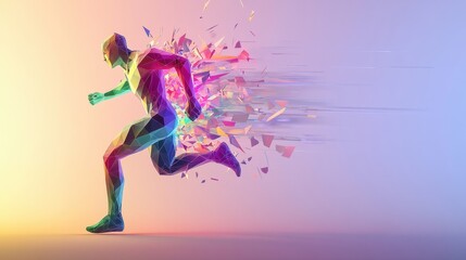 Obraz premium Abstract Runner: A Polygonal Figure in Motion, Exploding with Vibrant Colors and Dynamic Energy