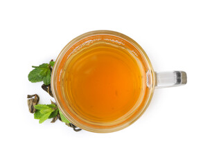 Aromatic mint tea, fresh and dried leaves isolated on white