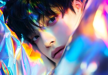 Fototapeta premium Young male kpop idol wearing shimmering, iridescent fabric, revealing prismatic light reflections across facial features with ethereal luminescence