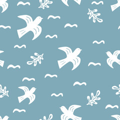 Summer seamless pattern with bird and leaves. Print for textile and fabric