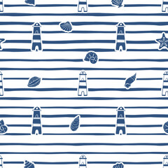 Seamless marine pattern with lighthouse and seashells.
