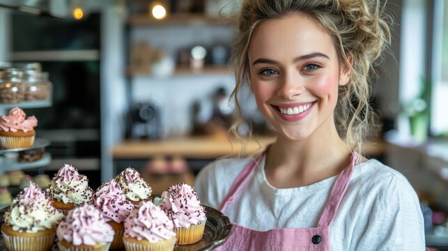 A woman is holding a tray of cupcakes and smiling