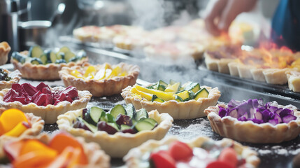 Colorful cookie art displayed on a dessert table at a pastry shop showcasing the baking process and sweet treats in a vibrant food photography setting.