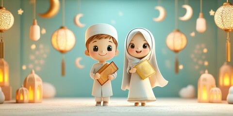 Adorable Cartoon Children Celebrating Eid with Holy Quran in a Festive Atmosphere Full of Lanterns
