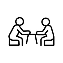 Minimalist black and white icon of two people sitting at a table, negotiation and discussion concept