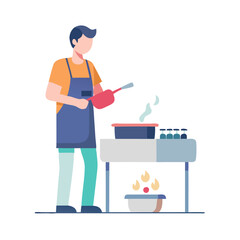 Man cooking on an outdoor stove, flat design illustration of camping and outdoor meal preparation