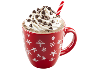 A red mug with white snowflake patterns is filled with hot chocolate, topped with whipped cream and dark sprinkles on the frosting.
