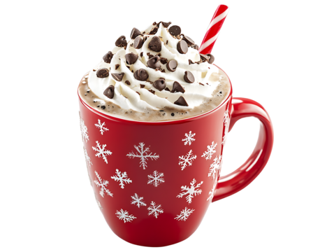 A red mug with white snowflake patterns is filled with hot chocolate, topped with whipped cream and dark sprinkles on the frosting.