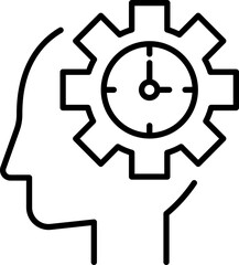 Mind with gear and clock symbolizing thinking line icon