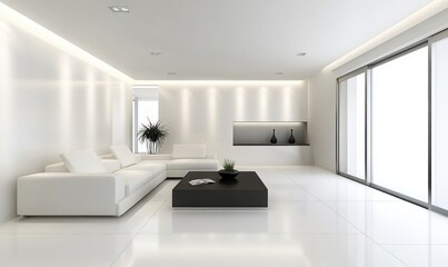 Modern white living room interior, minimalist design, spacious, elegant
