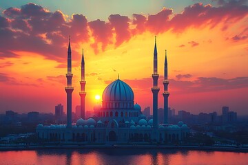 Obraz premium Silhouetted Grand Mosque at Sunset with Reflections