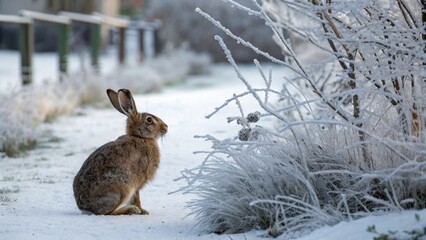A hare sitting in a snowy garden, with frost-covered plants surrounding it.