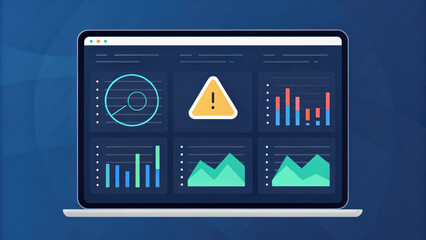digital dashboard displaying various data visualizations, including graphs and warning alert icon, conveying important information - obrazy, fototapety, plakaty
