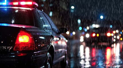 A police car is parked on a wet street at night