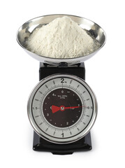 Retro mechanical kitchen scale with flour isolated on white