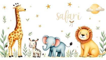 Fototapeta premium Ilustración en acuarela de un conjunto de animales y plantas de safari, incluidos una jirafa, un tigre, un elefante, una cebra, un rinoceronte y un león