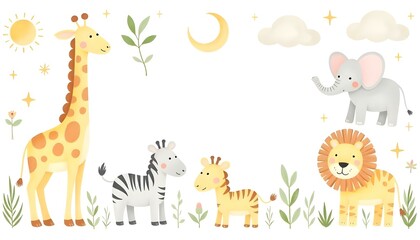 Obraz premium Ilustración en acuarela de un conjunto de animales y plantas de safari, incluidos una jirafa, un tigre, un elefante, una cebra, un rinoceronte y un león