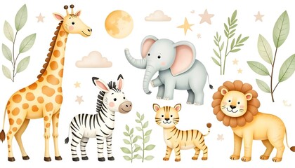 Ilustración en acuarela de un conjunto de animales y plantas de safari, incluidos una jirafa, un tigre, un elefante, una cebra, un rinoceronte y un león