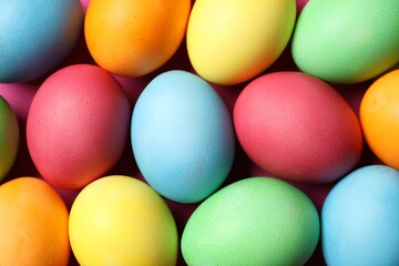 Beautiful decorated Easter eggs on pink background, flat lay