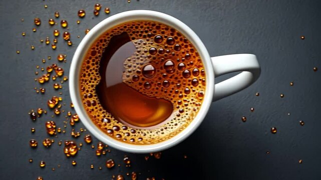 Aromatic Coffee: A top-down, close-up captures the rich dark brew, with a frothy surface, nestled in a crisp ceramic mug, complemented by scattered coffee beans. 