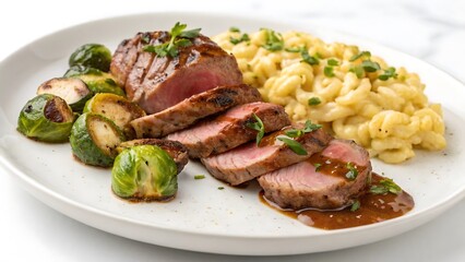 plate of marinated meat with sp&auml;tzle and brussels sprouts on white background