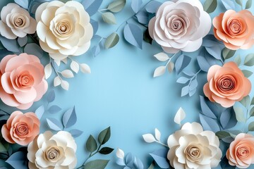Elegant floral paper cutout frame with pastel roses and delicate leaves on a soft blue background. Concept of wedding invitations, greeting cards, and artistic design