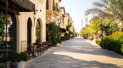 Fototapeta premium A street with a row of shops and cafes