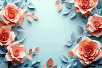 Elegant paper cutout floral frame with pastel roses and delicate leaves on a soft blue background. Concept of romantic invitations, wedding decor, and artistic design.