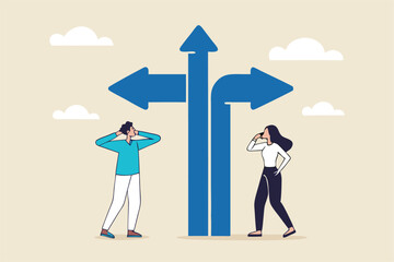Direction choice, crossroad or decision for career path, choosing path way, challenge or opportunity doubt, determination or tough decision concept, business people thinking on difference career path.