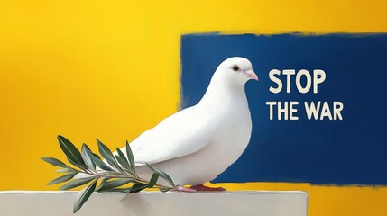 White dove soaring with olive branch on ukrainian flag colors background with message stop the war