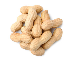 Pile of unpeeled peanuts isolated on white, top view