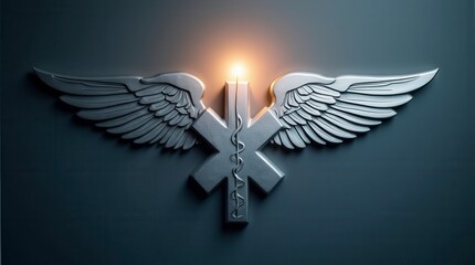Powerful Medical Symbol with Wings and Light on Dark Background