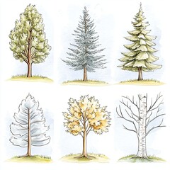 Obraz premium An illustration featuring six distinct trees, showcasing various types and seasonal variations in foliage and color. isolated on white background.