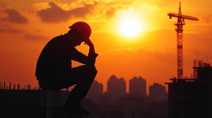 Fototapeta premium Worker contemplates at sunset construction site.