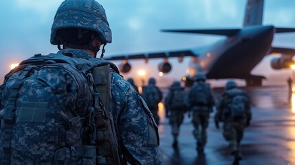 A group of soldiers are walking away from a large military plane