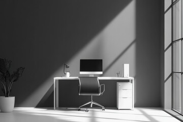 Modern workspace interior, sunlight, minimalist design, photo for office background