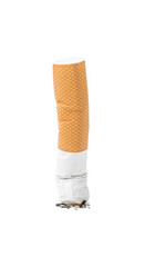 One cigarette butt isolated on white. Smoking habit