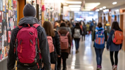 Obraz premium A man wearing a red backpack walks down a hallway with a group of people