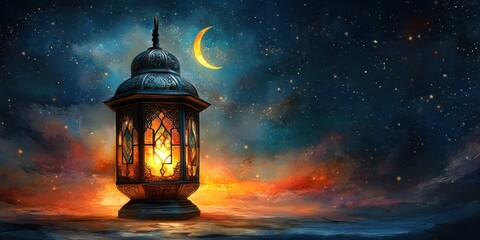 A Serene Night Sky Featuring a Glowing Lantern Against a Starry Background