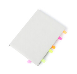 Book with colorful tabs isolated on white, top view