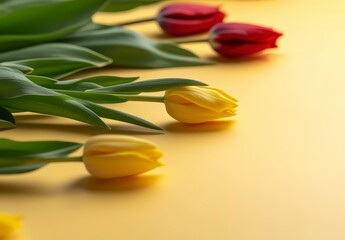 Obraz premium Colorful Tulips on Yellow Background with Soft Lighting for Spring Decor and Floral Design Inspiration