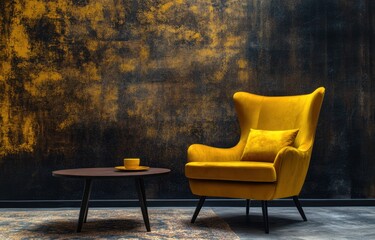 Modern yellow armchair, coffee table in a dark room. Interior design concept