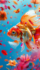 Fototapeta premium Holi Festival of Colours Animal Concept, Spring Holi bloom, Goldfish nestled amidst colourful flower petals and splashes of vibrant powder blue skies and drifting festive colours, Indian Hinduism