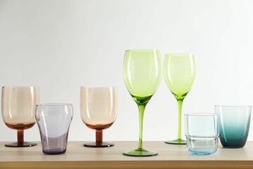 Many different glasses on wooden table against light background