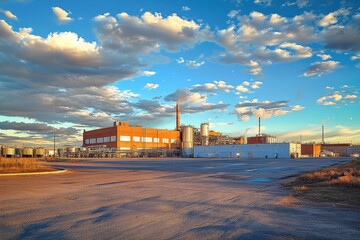 Obraz premium Panoramic View of a Large Meat Packing Facility in Kansas Against a Stunning Skyline and Serene Water Landscape