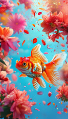 Obraz premium Holi Festival of Colours Animal Concept, Spring Holi bloom, Goldfish nestled amidst colourful flower petals and splashes of vibrant powder blue skies and drifting festive colours, Indian Hinduism